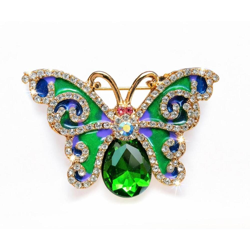 Vintage Butterfly Brooch Rhinestone Enamel Green Gold Tone Pin